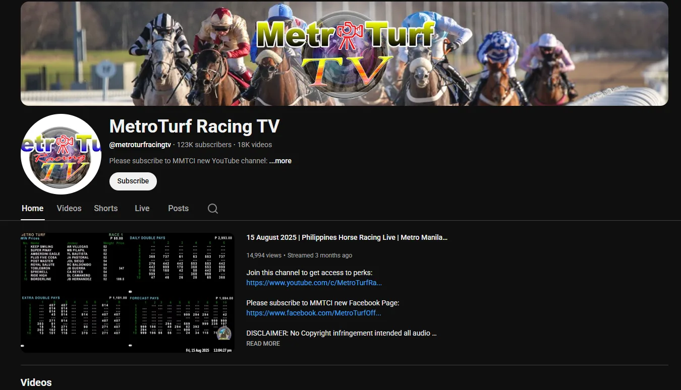 Players can watch the horse racing tournament live on the official Metro Turf Online Betting YouTube channel.