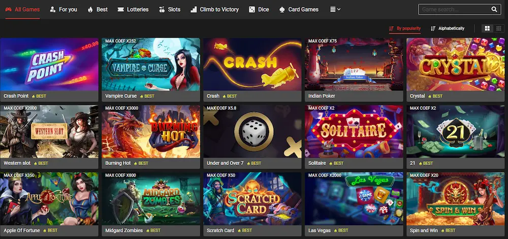 All games come from major developers like Evolution Gaming, Pragmatic Play, and Microgaming.