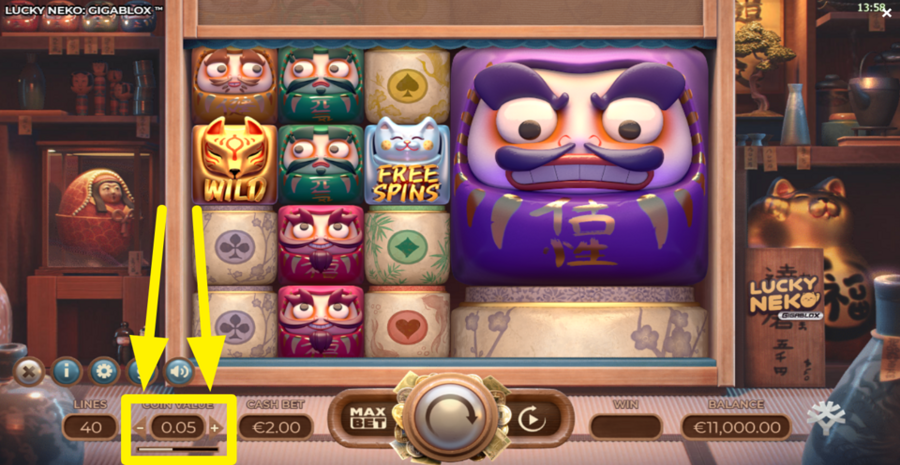 Adjust the bet Amount button in Lucky Neko