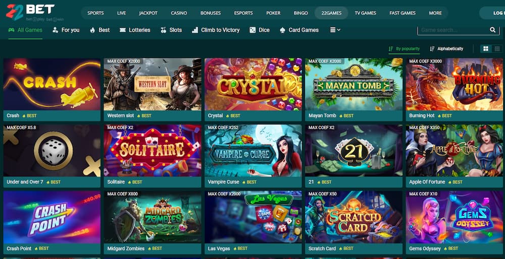 22Bet offers a diverse range of games.
